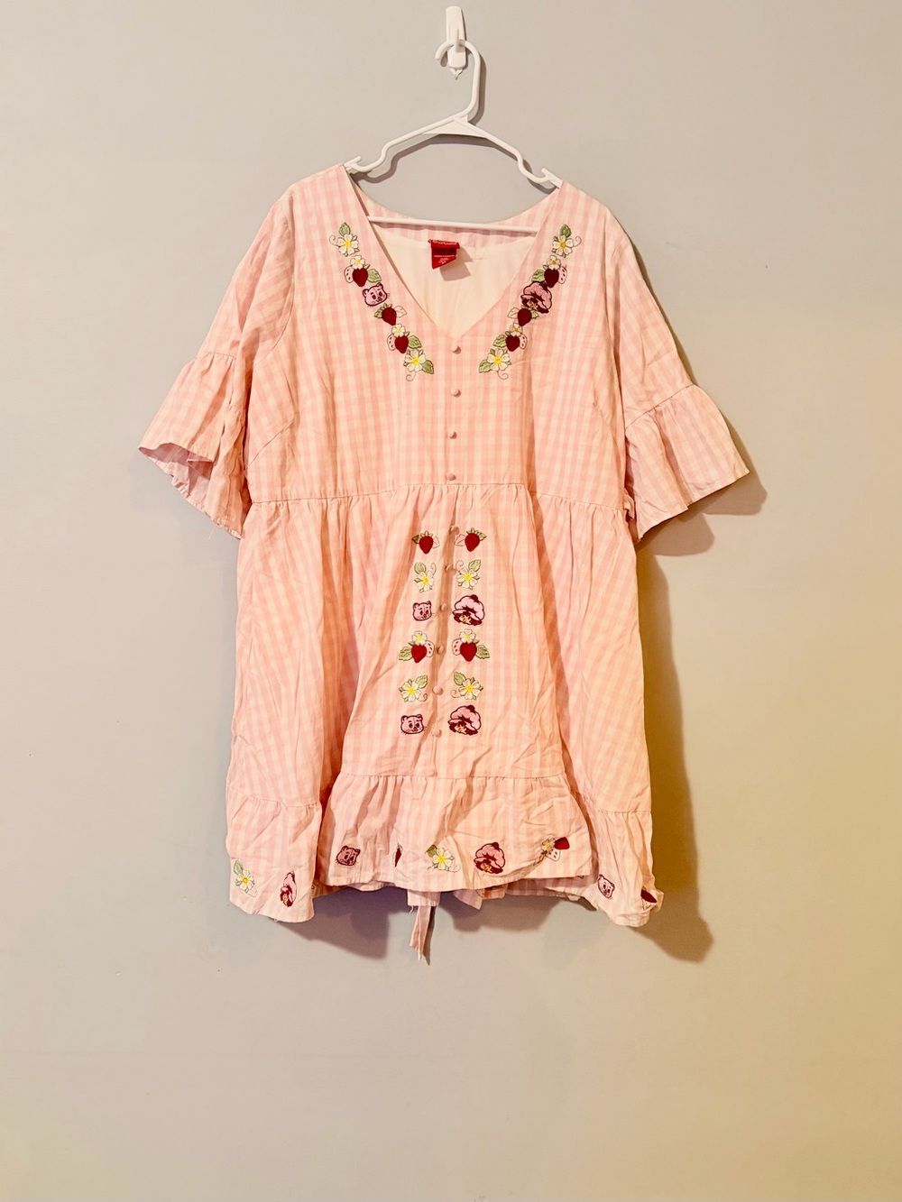 Boxlunch Women’s Pink Gingham Strawberry Shortcake Embroidered V-Neck Dress